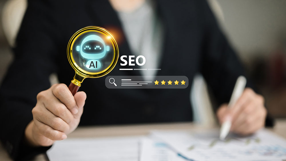 AI SEO optimization concept with magnifying glass, search engine ranking, and digital marketing strategy for online business growth.