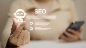 Person interacting with SEO and AI search graphics, related to choosing an SEO company in Santa Rosa, California.