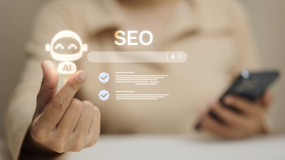 Person interacting with SEO and AI search graphics, related to choosing an SEO company in Santa Rosa, California.