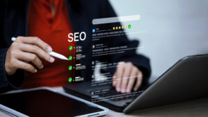 Business professional managing SEO checklist and search engine optimization strategy with website ranking analytics, digital marketing dashboard, and online performance monitoring tools.