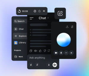 Generative Artificial Intelligence Chatbot in mobile phone. AI interface. Voice Assistant and Chat options. Dark mode dashboard shows navigation, search, and audio controls. Vector illustration