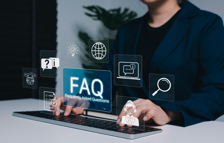FAQ Frequently Asked Questions Customer Support and Help Center Knowledge Base Concept. question icons, chatbot, search, checklist, online assistant, service interface for quick answers, Q and A