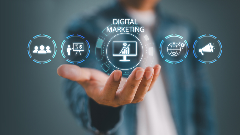 Digital marketing, investment E-commerce online sale concept. Business market channel solution. Promotion of products services, search engine, social media, email, website. Strategies Goals. SEO PPC