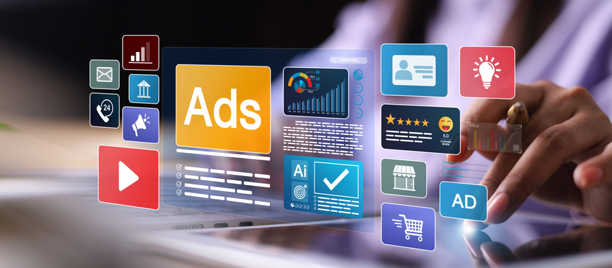 Digital marketing commerce online sale concept, Businesswoman using laptop with Ads dashboard digital marketing strategy analysis for branding.