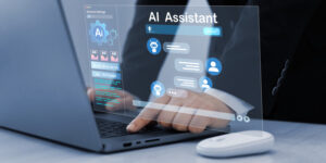 Person using laptop with Ai Content Generator. Interaction with the Ai assistant to solve some tasks more easily. Image generator, documents, marketing and advertising, bot writing and coding
