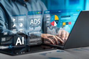 AI-powered advertising dashboard representing Google AI Mode ads, campaign targeting, and performance measurement
